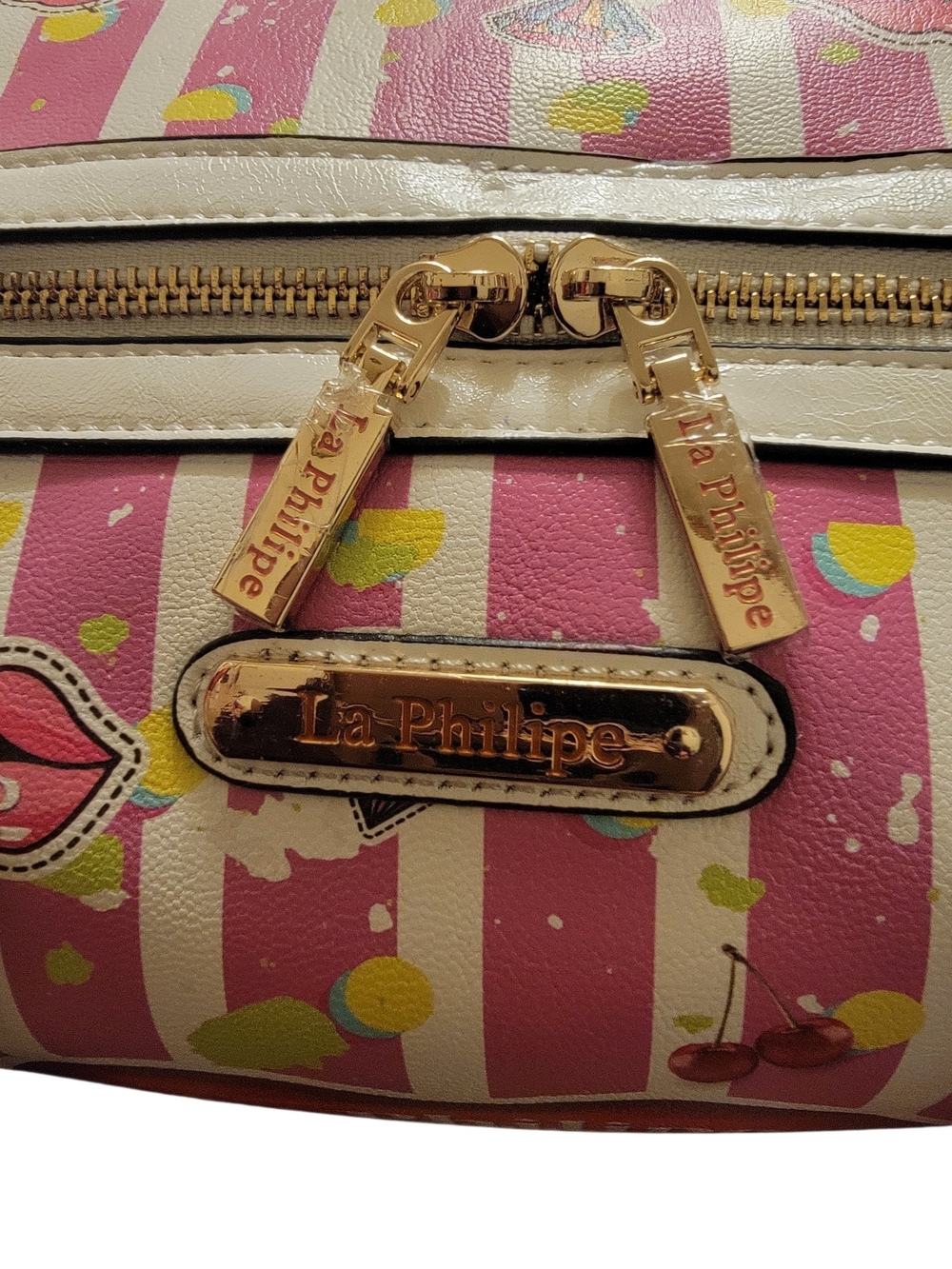 LA Philipe Pink Lip-Print Barrel Bag - Picture 3 of 7